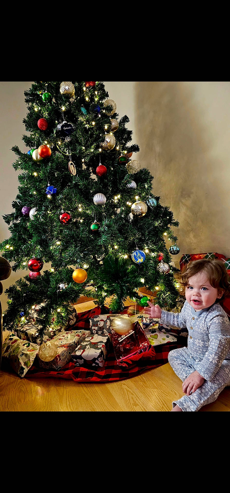 Dawson joined the competition — help win amazing prizes! baby, christmas, christmasdecorations, christmastree, clothing, conifer, couch, face, festival, fir, furniture, hardwood, head, pajamas, person, photography, plant, portrait, tree, wood