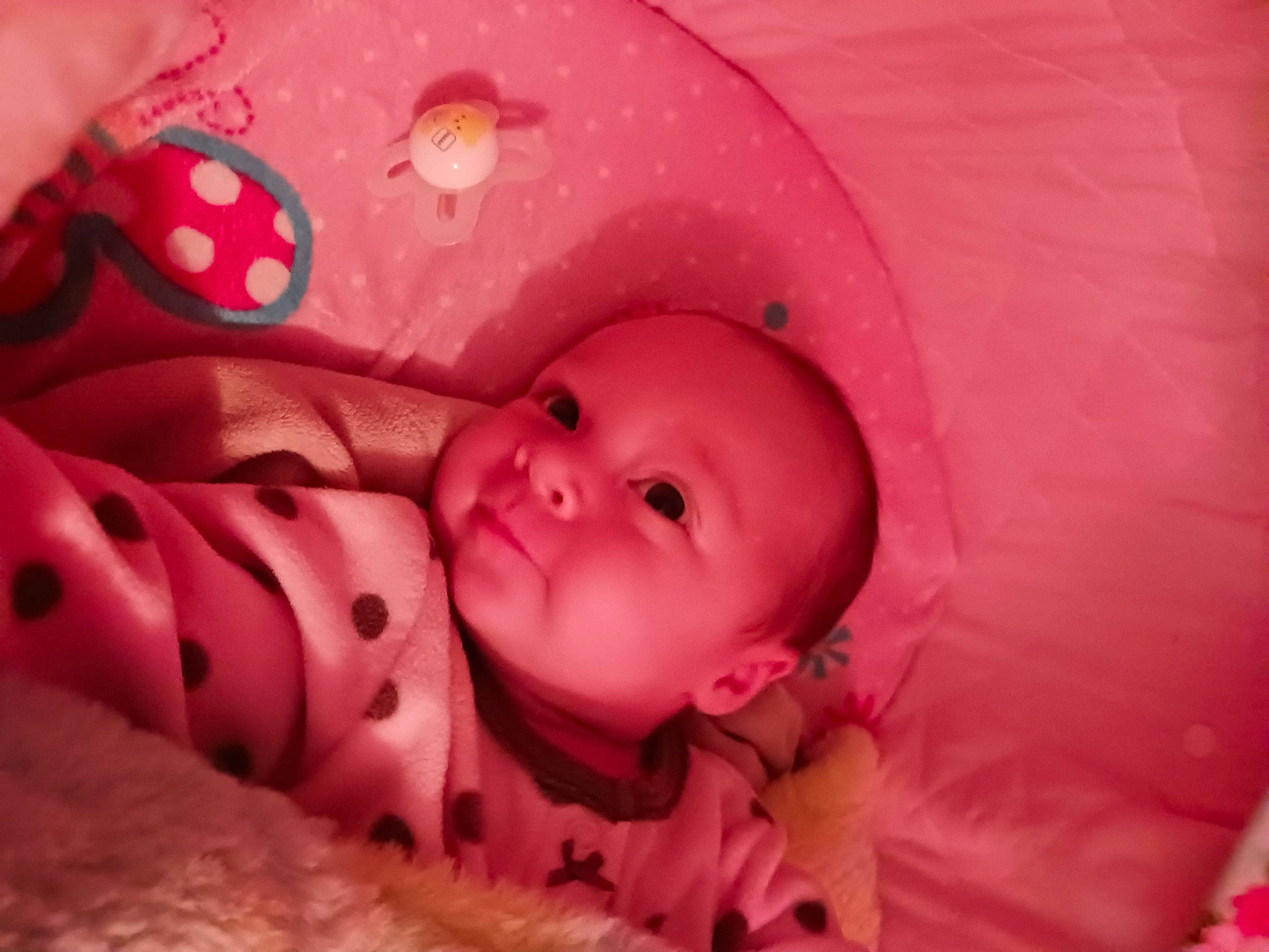 Zeletta is registered to the contest to win money with this photo: baby, baby_products, baby_toddler_clothing, carmine, cheek, child, close_up, comfort, eye, fashion_accessory, linens, lip, magenta, mouth, pattern, person, pink, room, skin, toddler