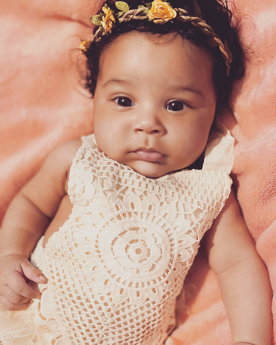 Kali is registered to the contest to win money with this photo: baby, baby_toddler_clothing, beauty, child, chin, eye, eyebrow, eyelash, face, finger, happy, head, headband, headgear, headpiece, iris, lip, person, skin, sleeve