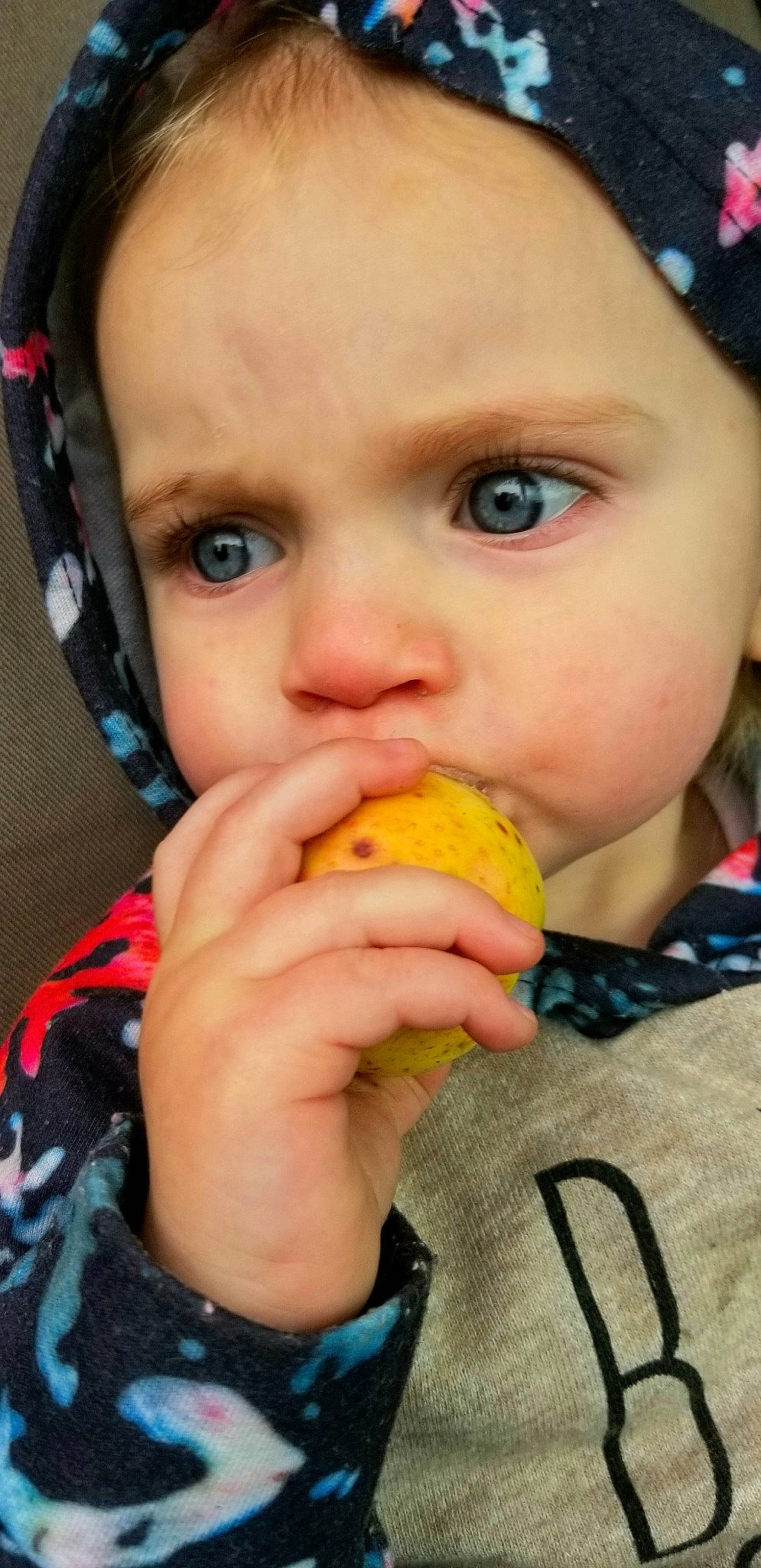 Adelin joined the competition — help win amazing prizes! baby, biting, cheek, child, chin, eating, eye, face, food, fruit, lip, mouth, neck, nose, person, plant, skin, toddler
