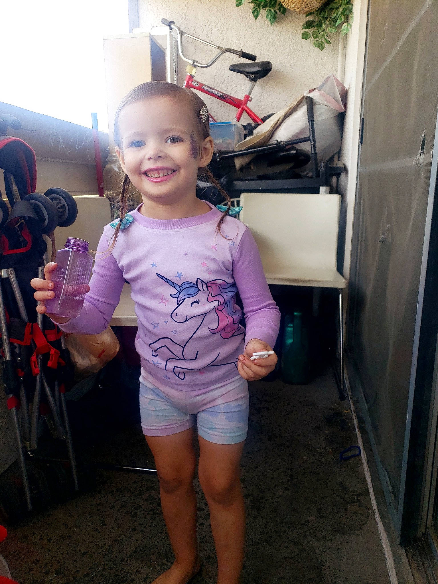 Charlee joined the competition — help win amazing prizes! baby_toddler_clothing, camera, chair, child, fun, happy, houseplant, human_leg, jean_short, joy, leg, magenta, person, pink, shorts, shoulder, skin, smile, t_shirt, thigh