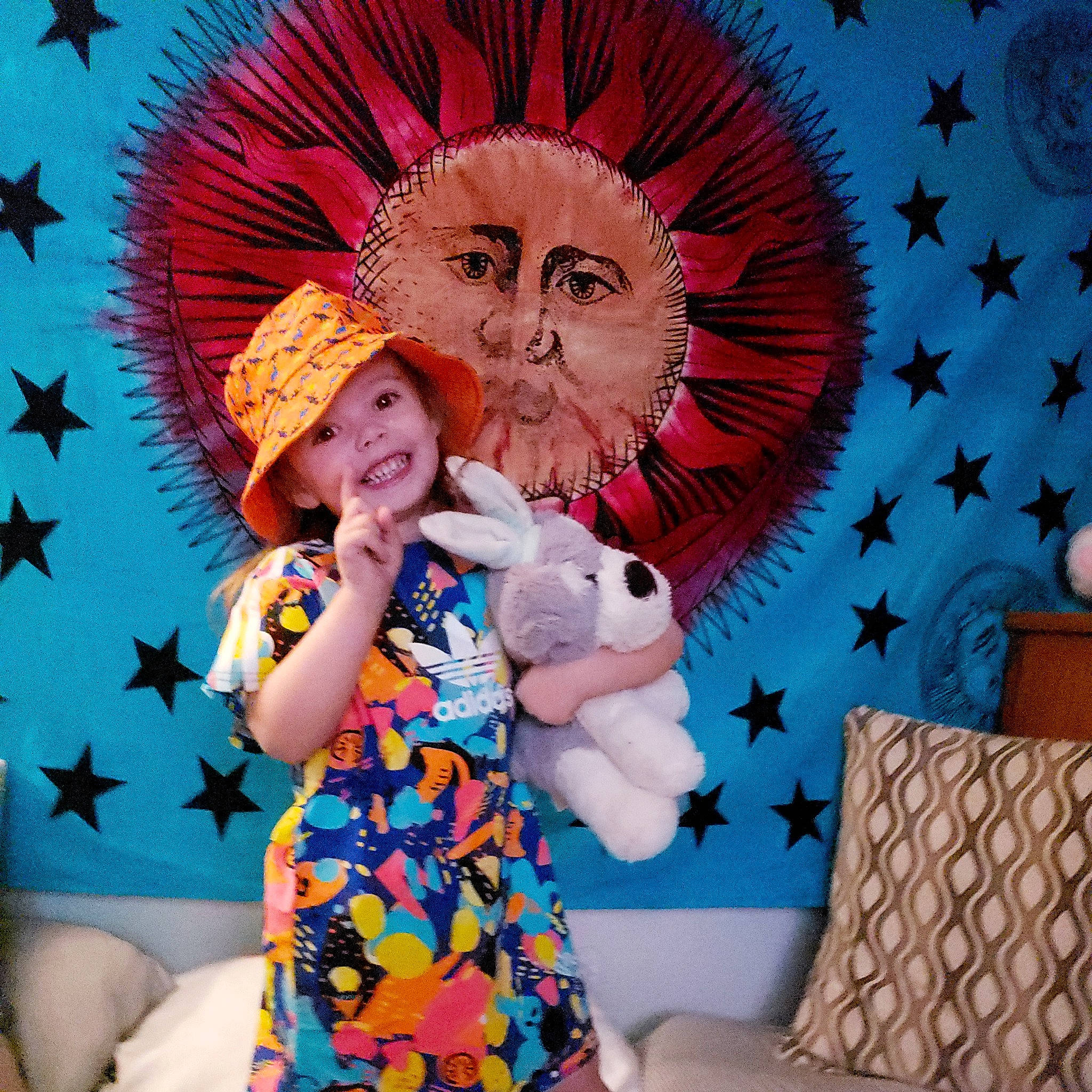 Charlee joined the competition — help win amazing prizes! art, child, costume_hat, event, fictional_character, fun, fur, happy, hat, headwear, holiday, illustration, joy, linens, magenta, party_supply, pattern, person, pink, smile