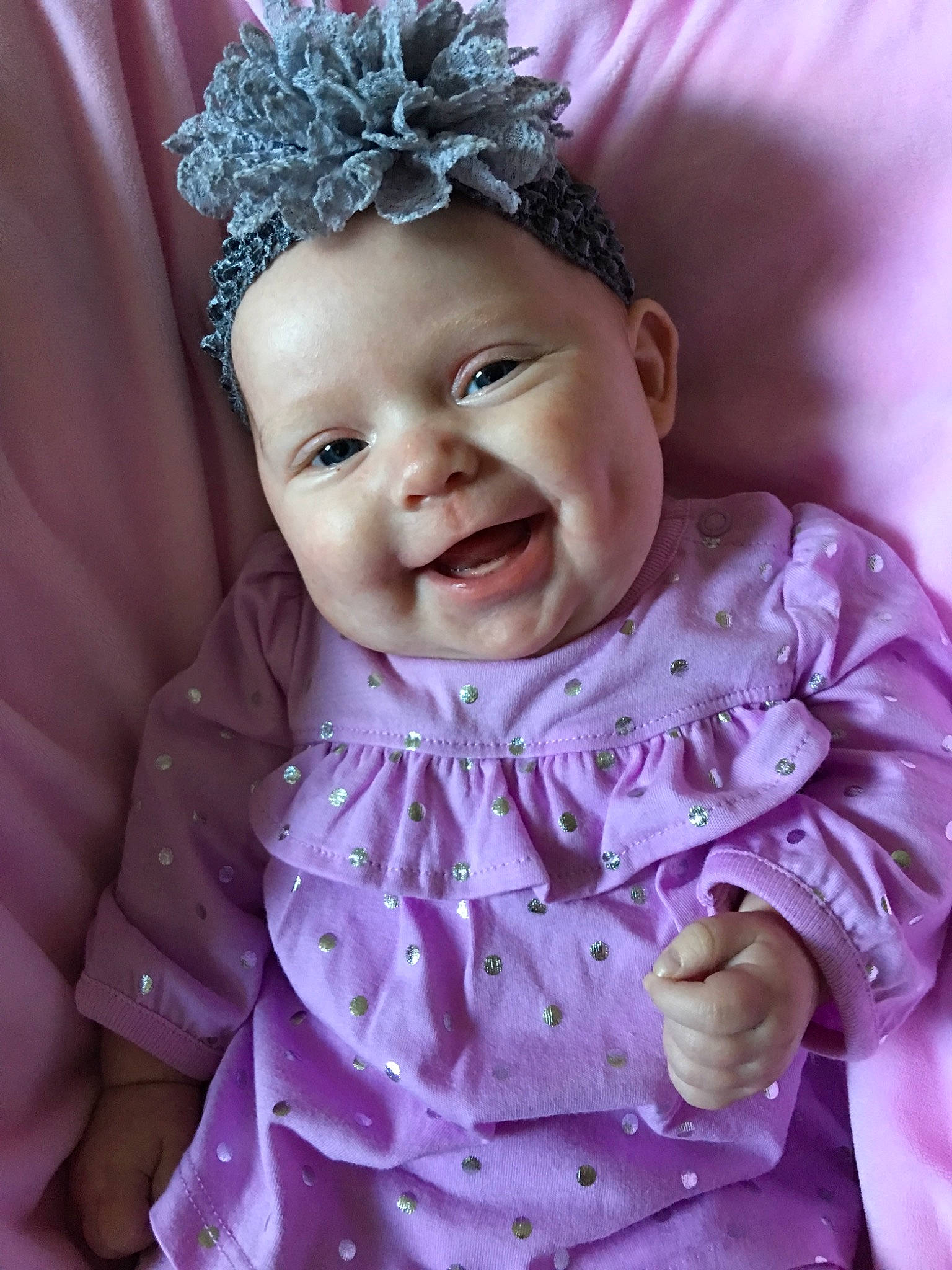 Arabella joined the competition — help win amazing prizes! baby, cheek, child, child_model, face, flower, hair_accessory, head, headband, headgear, headpiece, lavender, lilac, person, pink, product, purple, skin, smile, toddler