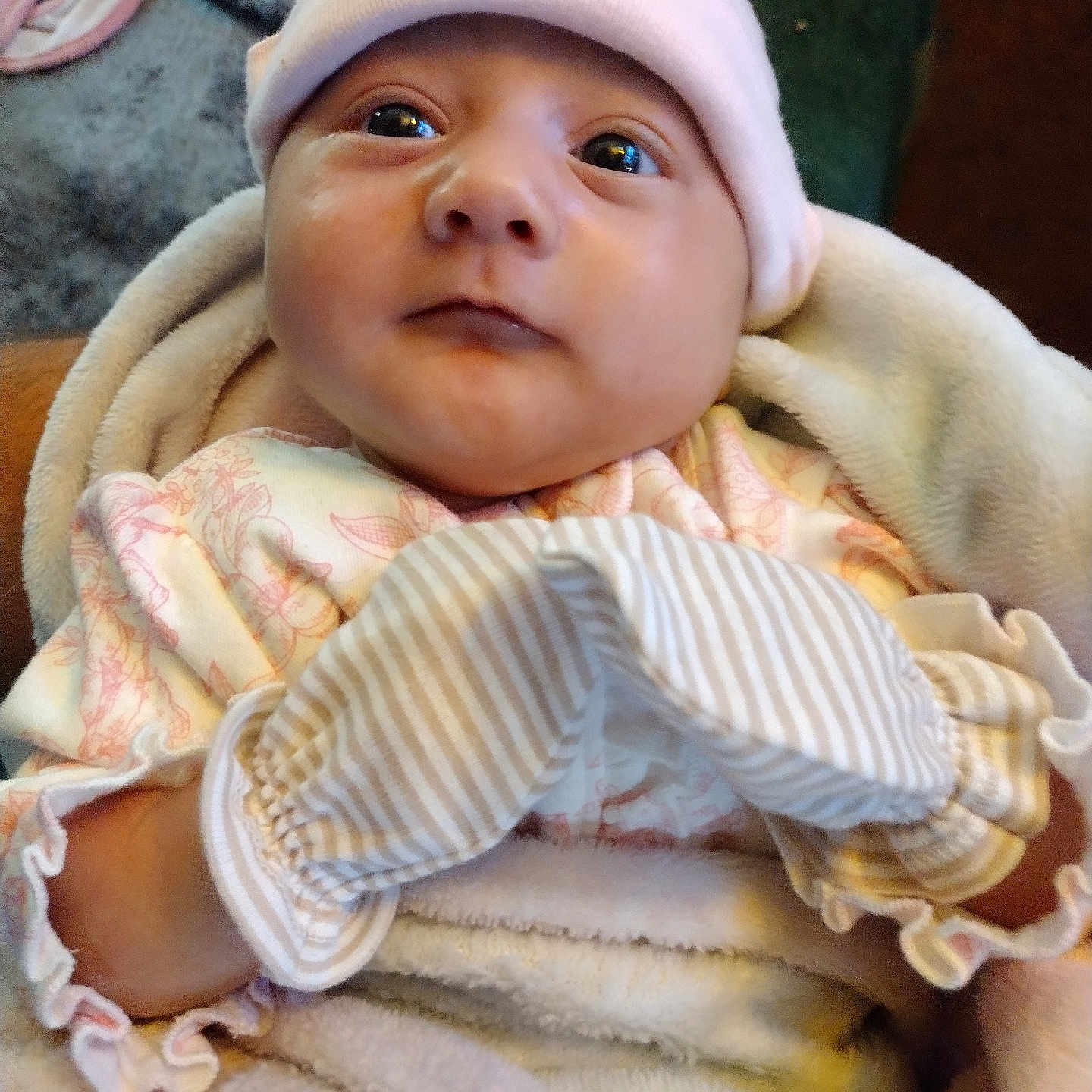 Amayah joined the competition — help win amazing prizes! baby, babywear, blanket, child, closeup, clothing, cozy, cute, expression, eyes, face, hat, indoor, infant, mittens, newborn, person, portrait, soft, warm