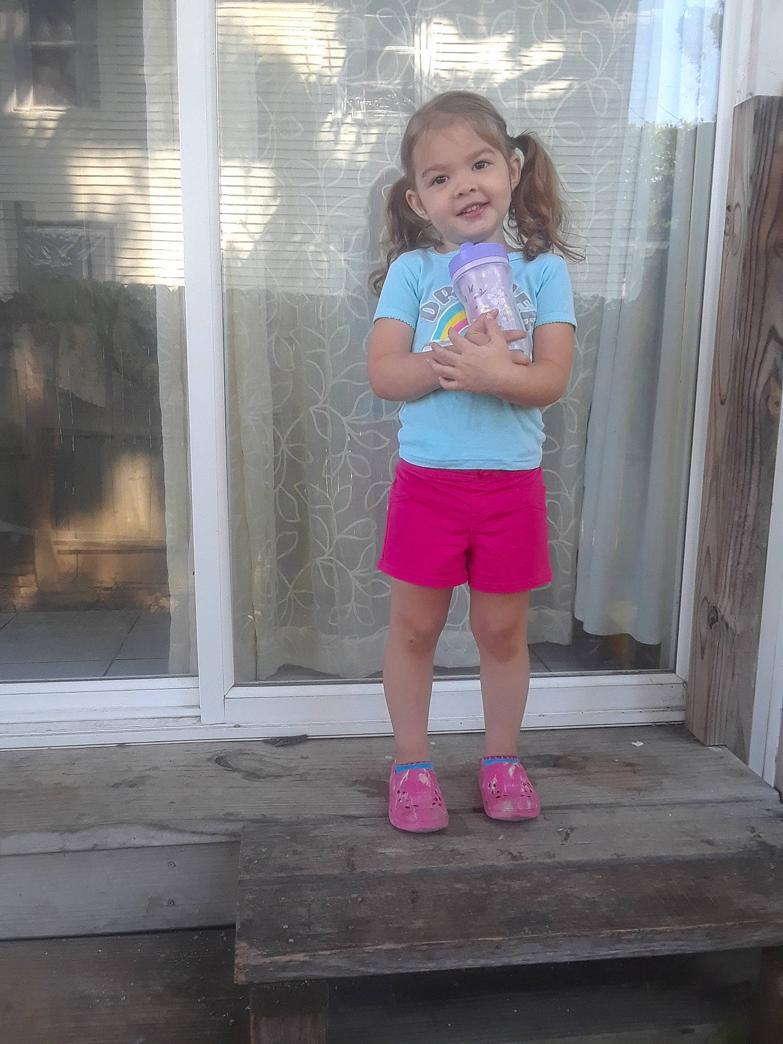 Lydia joined the competition — help win amazing prizes! abdomen, child, clothing, day, footwear, fun, girl, jeans, joy, leg, person, pink, purple, shorts, shoulder, standing, summer, t_shirt, textile, toddler