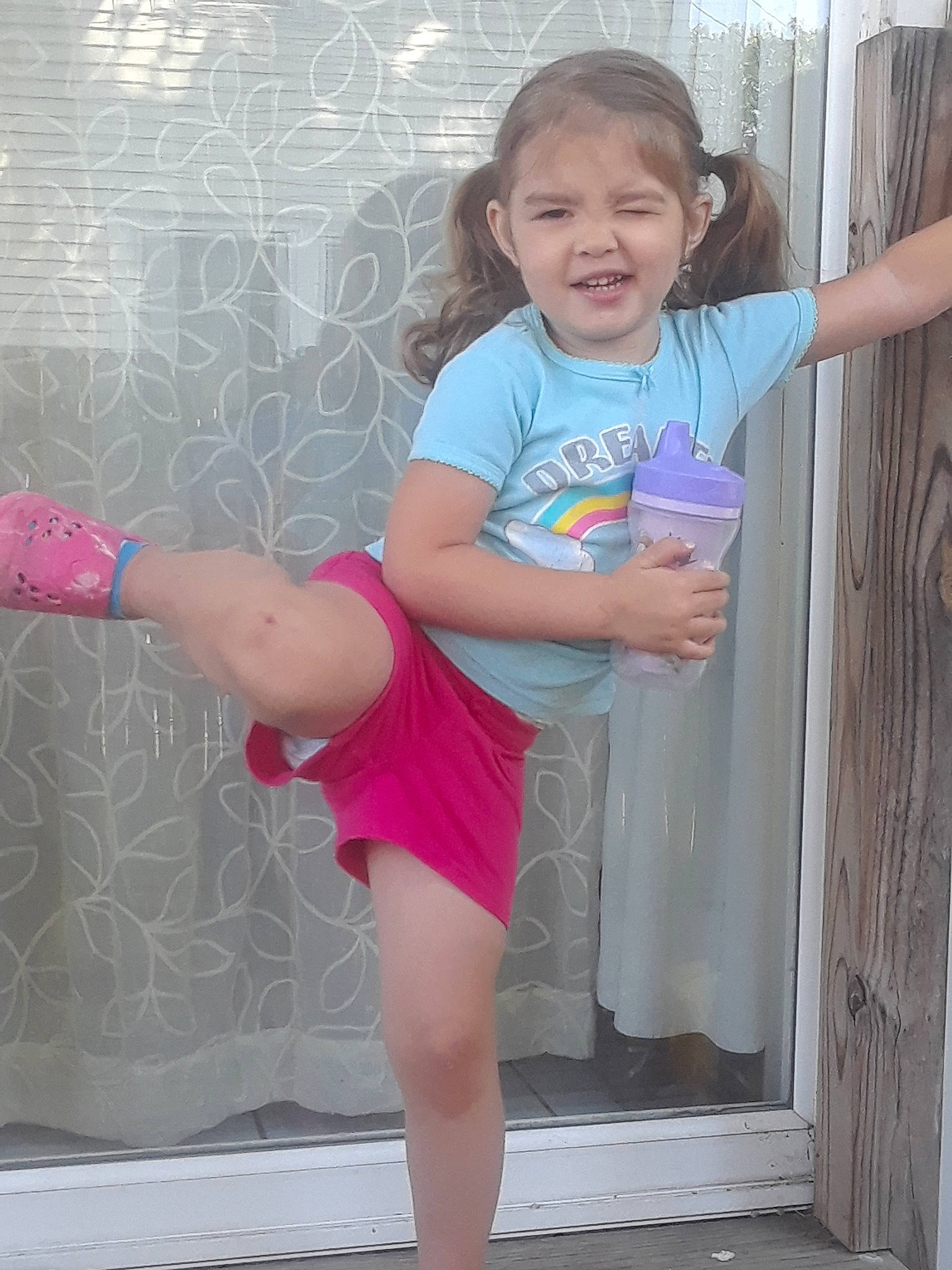Lydia joined the competition — help win amazing prizes! abdomen, arm, child, clothing, day, fun, girl, hand, human_hair_color, joint, joy, leg, person, pink, purple, shorts, shoulder, skin, standing, thigh