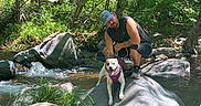 Kachiva joined the competition — help win amazing prizes! cap, creek, crouching, dog, forest, happy_dog, harness, leash, man, nature, outdoors, river, rock, rocks, shadows, smile, stream, sunlight, trees, water