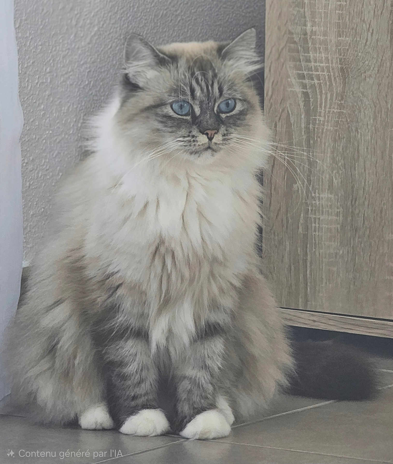 Galatea a rejoint le concours — aidez-le/la à gagner de superbes lots ! animal, blue_eyes, calm, cat, close_up, cute, domestic_animal, feline, fluffy, fur, furry, indoor, paws, pet, portrait, relaxed, sitting, tile_floor, whiskers, wooden_cabinet