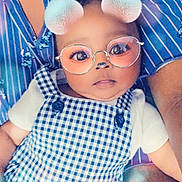 Alayzia joined the competition — help win amazing prizes! baby, infant, child, person, glasses_filter, ears_filter, checkered_clothing, white_shirt, lap, blue_shirt, striped_clothing, face, cute, adorable, portrait, indoor, skin, expression, filter, digital_effect