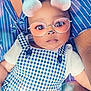 baby, infant, child, person, glasses_filter, ears_filter, checkered_clothing, white_shirt, lap, blue_shirt, striped_clothing, face, cute, adorable, portrait, indoor, skin, expression, filter, digital_effect