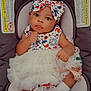 baby, infant, child, dress, headband, car_seat, chicco, cute, adorable, white_socks, frilly_dress, patterned_clothing, smiling, portrait, indoor, seated, young_child, baby_girl, clothing, cute_face