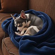 Louie Hamilton joined the competition — help win amazing prizes! dog, puppy, sleeping, blanket, blue_blanket, brown_couch, cozy, resting, pet, fur, small_dog, indoor, cute, snuggled, curled_up, relaxation, animal, companion, domestic, peaceful