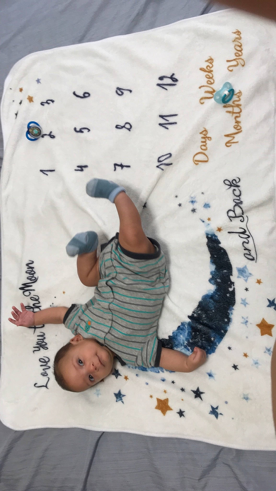 Quique is registered to the contest to win money with this photo: baby, baby_toddler_clothing, bedding, child, comfort, elbow, finger, font, gesture, happy, leisure, linens, pattern, person, product, sleeve, t_shirt, textile, toddler, wall