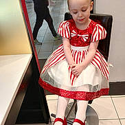 Luna joined the competition — help win amazing prizes! child, girl, dress, red_bow, red_shoes, white_tights, chair, indoor, mall, floor_tiles, black_chair, people, walking, reflection, pale_skin, short_hair, looking_down, seated, cute, fashion
