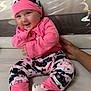 Johanna a rejoint le concours — aidez-le/la à gagner de superbes lots ! baby, child, closeup, comfortable, couch, cute, floral_pattern, footwear, hand, happy, hat, indoors, infant, person, pink_clothing, portrait, sitting, smiling, soft_toys, warm_clothing