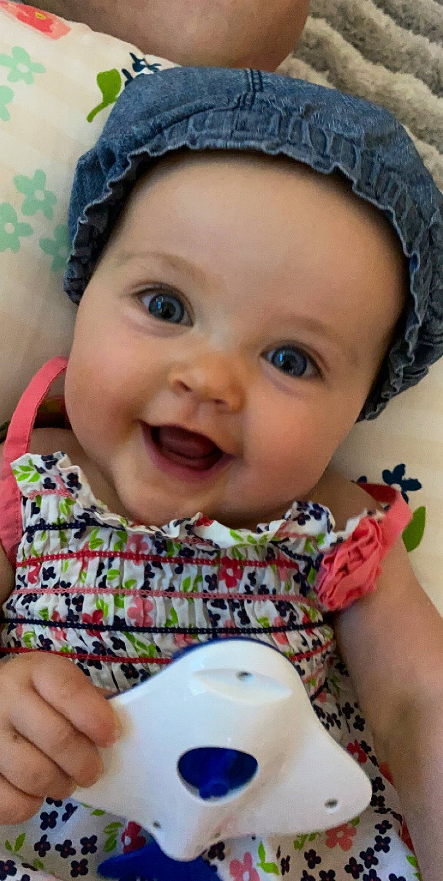 Alyvia joined the competition — help win amazing prizes! baby, baby_toddler_clothing, bonnet, cap, cheek, child, eating, facial_expression, headgear, headwear, lip, mouth, nose, person, play, skin, smile, sun_hat, toddler