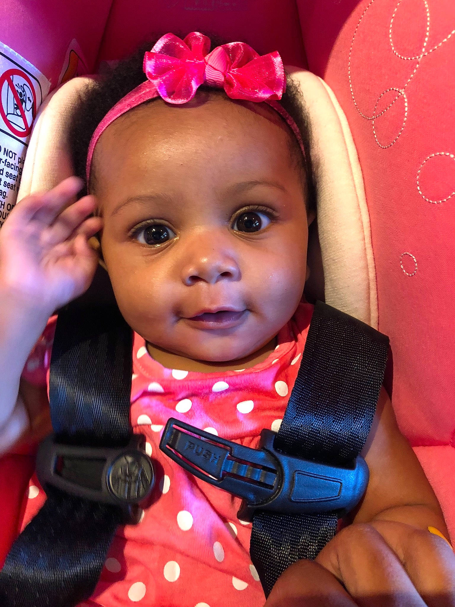 Raina joined the competition — help win amazing prizes! cheek, child, ear, eye, face, forehead, girl, hair_accessory, head, infant, lip, person, pink, product, skin, smile, toddler