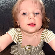 Ellia joined the competition — help win amazing prizes! baby, blonde_hair, buttoned_shirt, child, closeup, curious, cute, expression, face, green, indoor, light_skin, looking_up, person, portrait, short_sleeves, striped_clothing, toddler, white, young_child