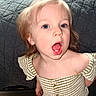 Ellia joined the competition — help win amazing prizes! blonde_hair, blue_eyes, buttoned_top, carpet, child, curly_hair, cute, expression, eyelashes, face, indoor, open_mouth, person, portrait, quilted_bedspread, shoulders, skin, striped_clothing, toddler, young_child