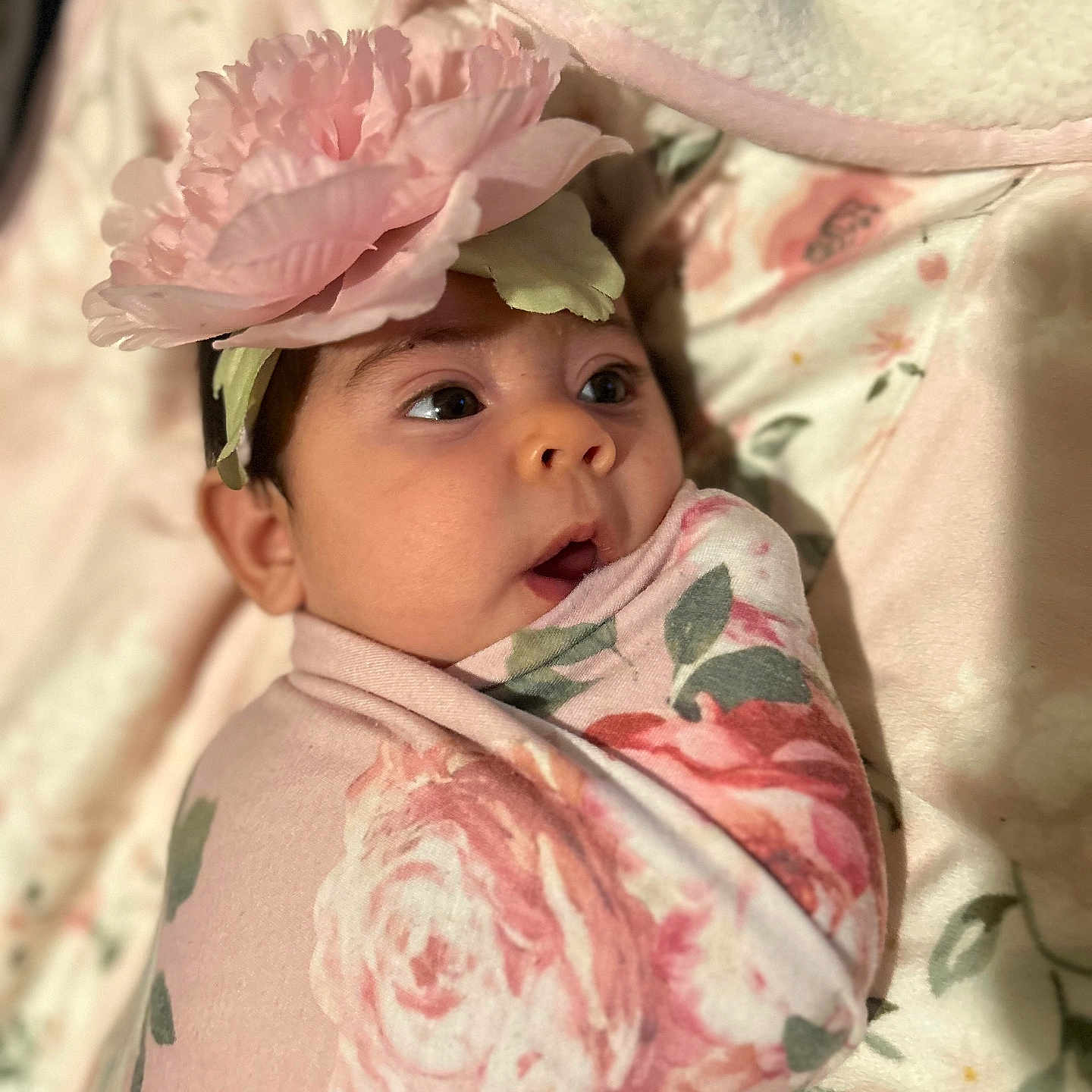 Aitana is registered to the contest to win money with this photo: baby, bed, blanket, clothing, cushion, dress, face, flower, furniture, hat, head, homedecor, newborn, person, petal, photography, plant, portrait, quilt, rose