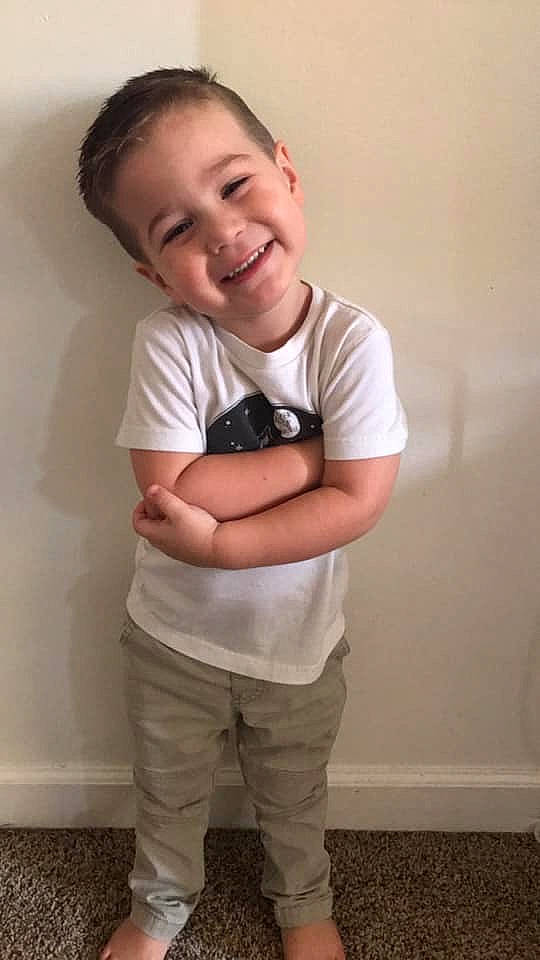 Weston joined the competition — help win amazing prizes! abdomen, arm, baby, cheek, child, chin, elbow, facial_expression, joy, laugh, leg, neck, person, shoulder, sleeve, smile, standing, t_shirt, toddler, tooth