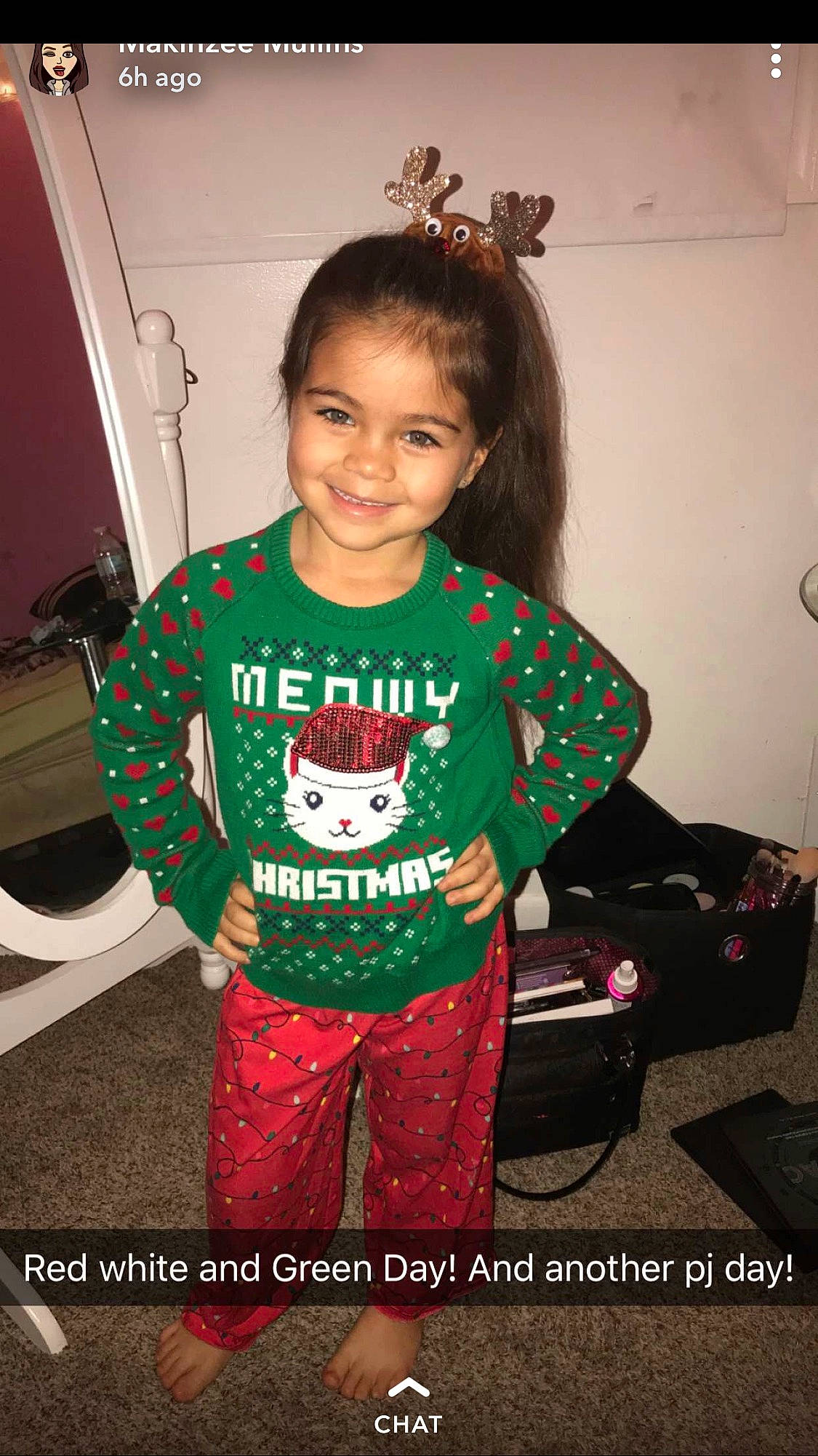 Izabella is registered to the contest to win money with this photo: child, christmas, christmas_eve, headwear, holiday, joy, pajamas, person, sleeve, smile, t_shirt, toddler, top