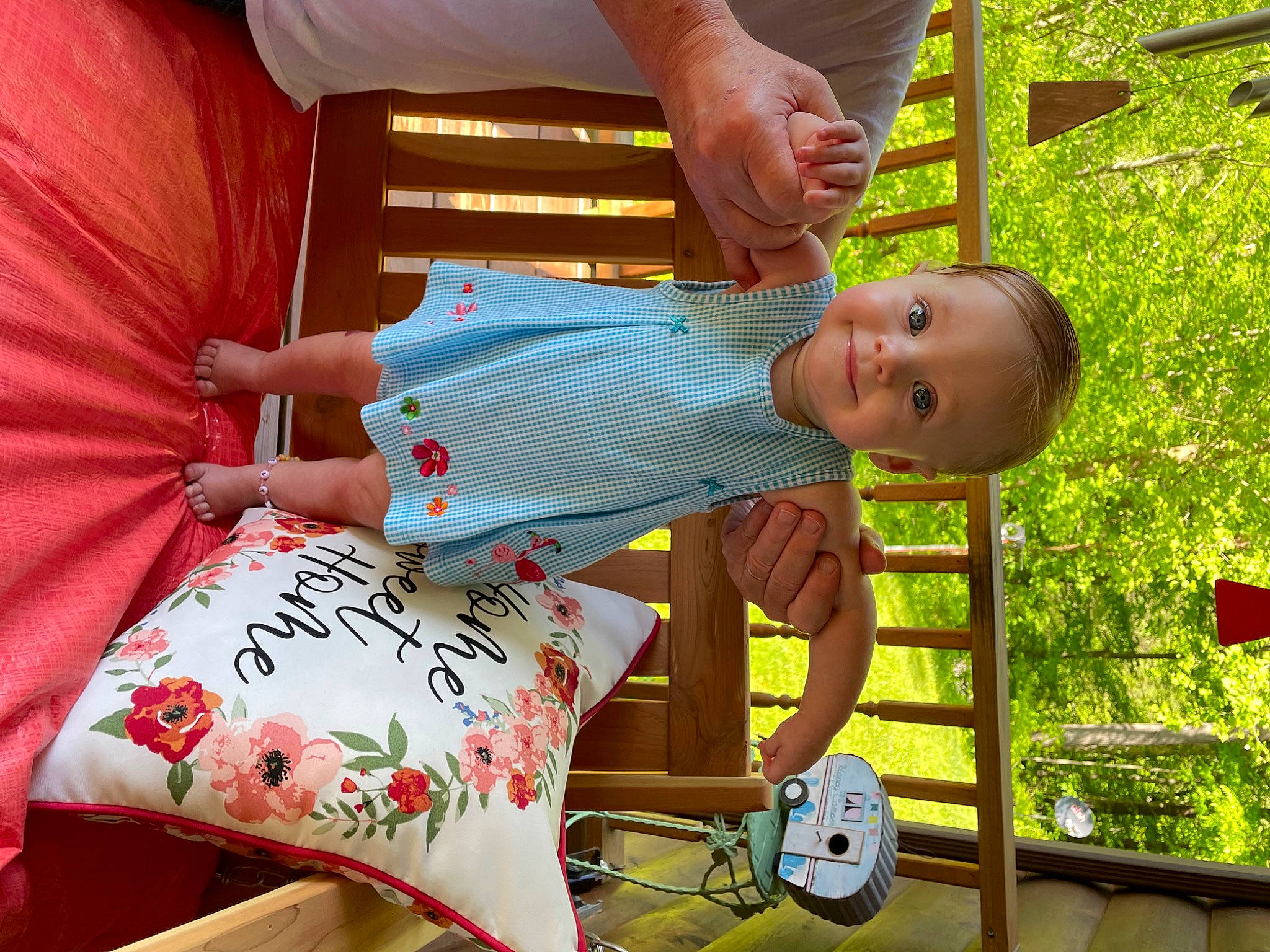 Evyn joined the competition — help win amazing prizes! baby, baby_products, baby_safety, baby_toddler_clothing, carmine, chair, child, fun, grass, green, happy, joy, leisure, pattern, person, plant, play, sitting, smile, t_shirt