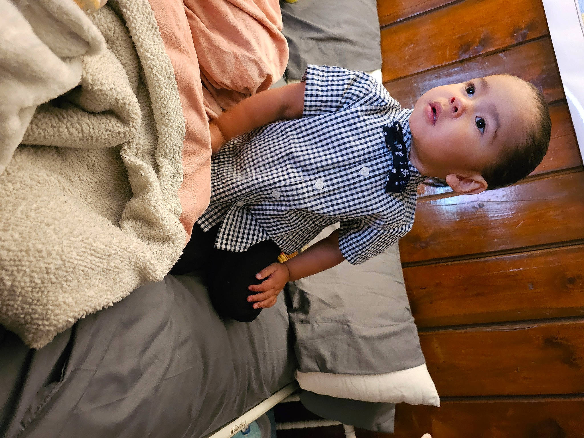 Asher joined the competition — help win amazing prizes! baby, baby_toddler_clothing, child, comfort, couch, drawer, dress_shirt, flooring, formal_wear, gesture, happy, hardwood, linens, pattern, person, room, sitting, sleeve, textile, toddler