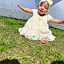 baby, child, grass, outdoor, dress, headband, white, lace, smiling, happy, sitting, sunlight, cute, person, infant, nature, playful, portrait, barefoot, summer