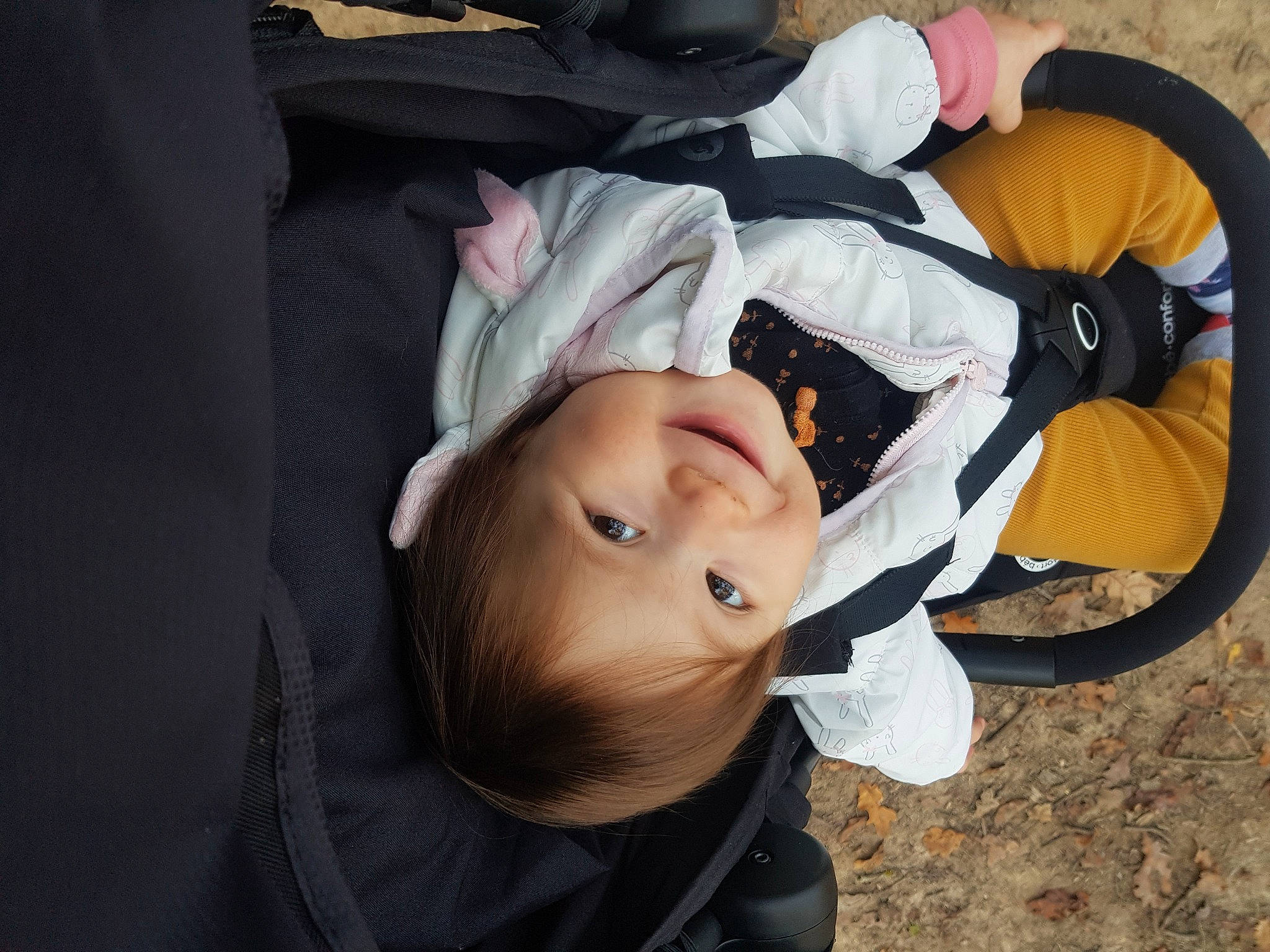 Tess a rejoint le concours — aidez-le/la à gagner de superbes lots ! auto_part, automotive_tire, baby, baby_carriage, baby_products, baby_toddler_clothing, child, comfort, fun, grass, hat, headgear, joy, person, personal_protective_equipment, sitting, synthetic_rubber, tire, toddler, tree