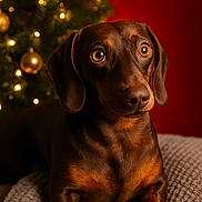 Reggie is registered to the contest to win money with this photo: attentive, big_eyes, blanket, bokeh, brown_coat, christmas_tree, closeup, couch, cozy, cute, dachshund, dog, holiday, indoor, ornament, paw, pet, portrait, studio_lighting, warm_tones