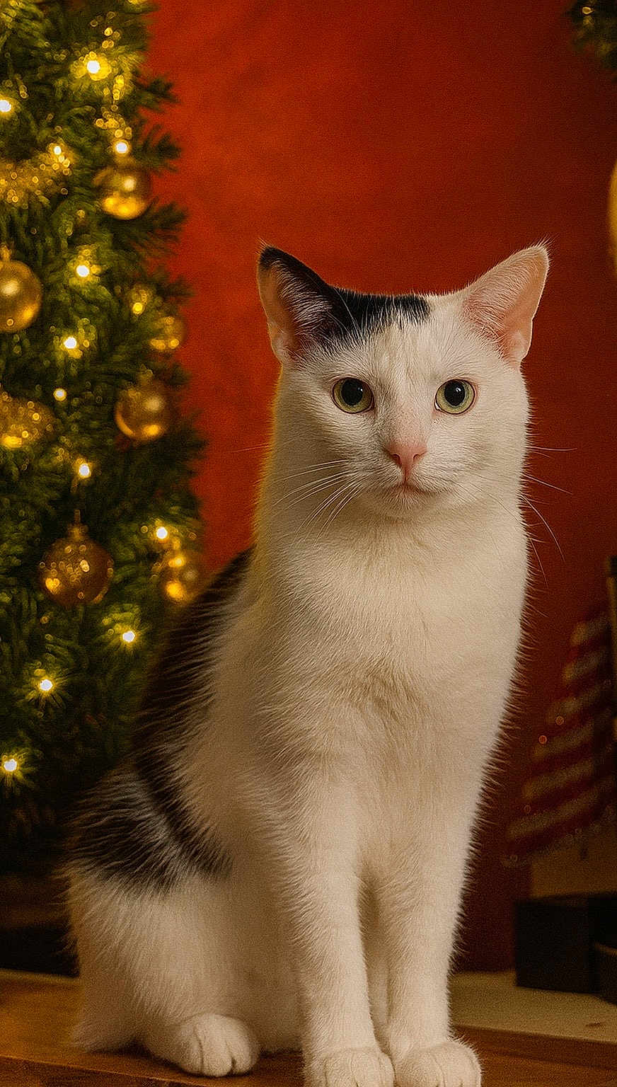 Jasper joined the competition — help win amazing prizes! black_spot, bokeh, cat, christmas_tree, closeup, cozy, decoration, feline, festive, furniture, green_eyes, holiday, indoor, lights, ornament, pet, portrait, sitting, whiskers, white_fur