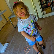 Mélody a rejoint le concours — aidez-le/la à gagner de superbes lots ! black_shoes, box, cartoon_print, chair, child, daylight, floor, hair_clip, happy, heart_doodle, indoor, person, photoframes, shelf, shirt, shorts, smiling, toddler, window, wooden_floor
