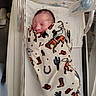 newborn, baby, hospital, bassinet, blanket, cowboy_theme, sleeping, infant, face, baby_bottle, bed, swaddled, cute, resting, child, person, hospital_room, white, soft, peaceful