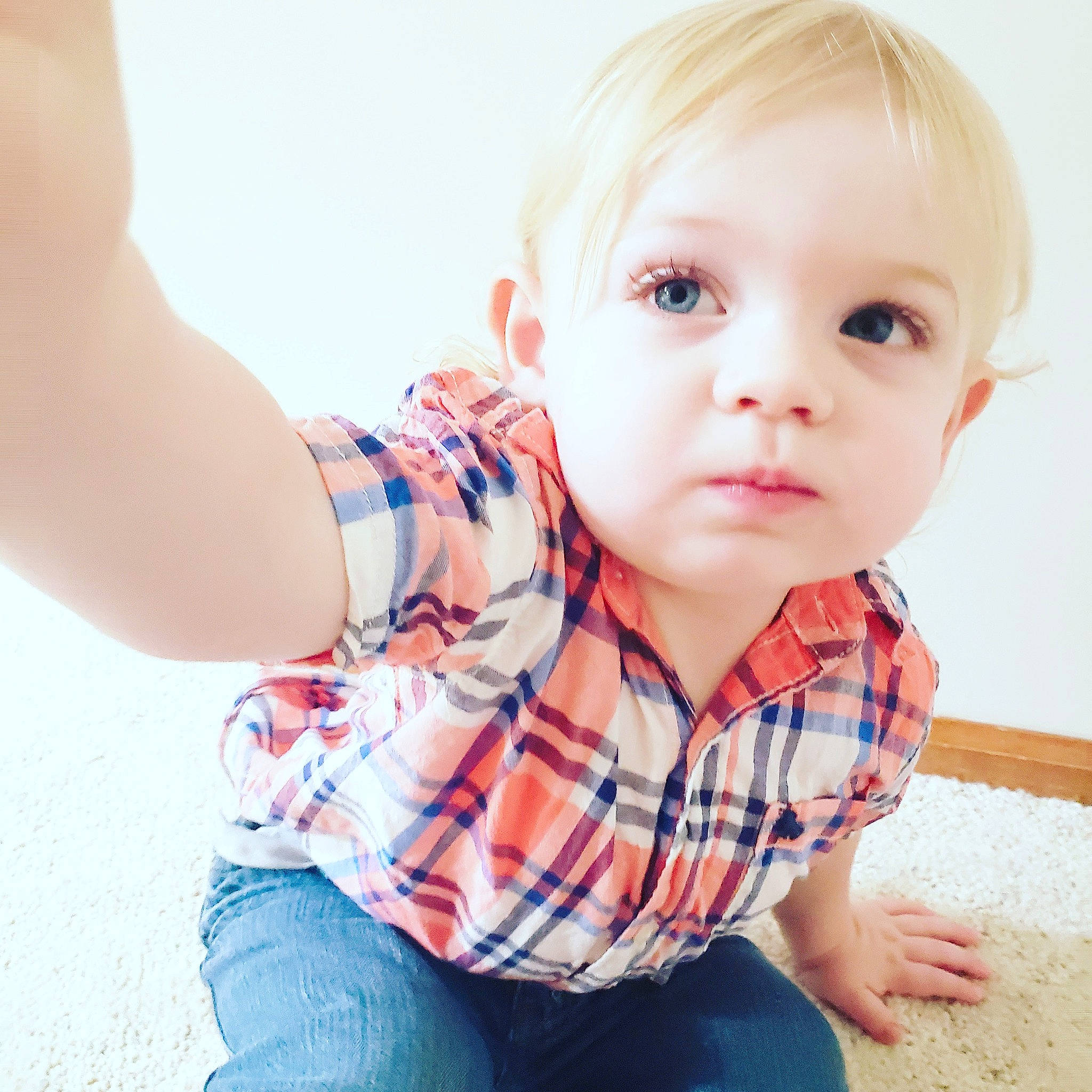 Gabe joined the competition — help win amazing prizes! arm, baby, blond, cheek, child, child_model, design, eye, face, finger, head, pattern, person, photography, plaid, sitting, skin, sleeve, standing, t_shirt