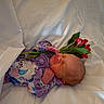 Catalina is registered to the contest to win money with this photo: newborn, baby, sleeping, infant, portrait, floral_outfit, purple_clothing, bouquet, red_flowers, green_leaves, white_bedding, blanket, hospital_bassinet, indoors, peaceful, resting, tiny_hands, closed_eyes, soft_lighting, photography