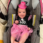 Rocio is registered to the contest to win money with this photo: accessory, baby, car_seat, child, cute, dress, earrings, fabric, face, feet, hands, happy, headwear, indoors, infant, pink_hat, pink_tutu, portrait, smile, sparkle