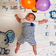 John joined the competition — help win amazing prizes! baby, infant, striped_clothing, balloons, blanket, elephant_cartoon, numbers, months, milestone, cute, child, lying_down, blue, orange, purple, portrait, celebration, young_child, indoors, soft_texture