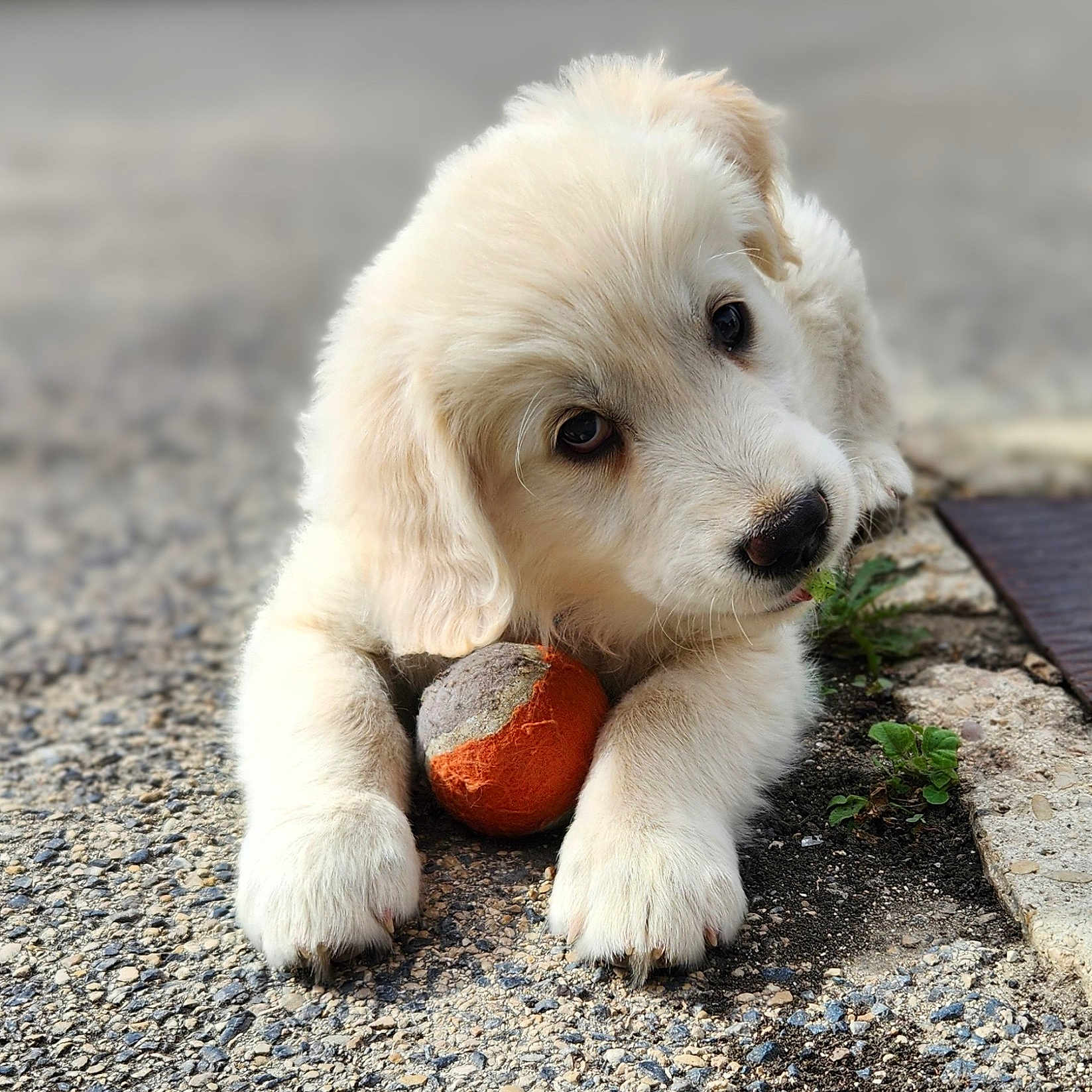 Athis participe au concours pour gagner de l'argent avec cette photo : adorable, animal, ball, close_up, cute, dog, fluffy, fur, golden_retriever, gravel, ground, lying_down, nose, outdoor, paw, pet, playful, puppy, tennis_ball, young