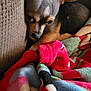 Stella joined the competition — help win amazing prizes! dog, blanket, cozy, pet, indoor, couch, fur, ear, snout, resting, cute, small_dog, brown, black, animal, relaxed, texture, pattern, home, comfort