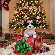 Mia joined the competition — help win amazing prizes! blanket, christmas_decorations, christmas_tree, cozy, cute, decor, dog, fairy_lights, festive, gift_box, green, holiday, holiday_season, indoor, ornament, pinecones, present, puppy, red, sweater