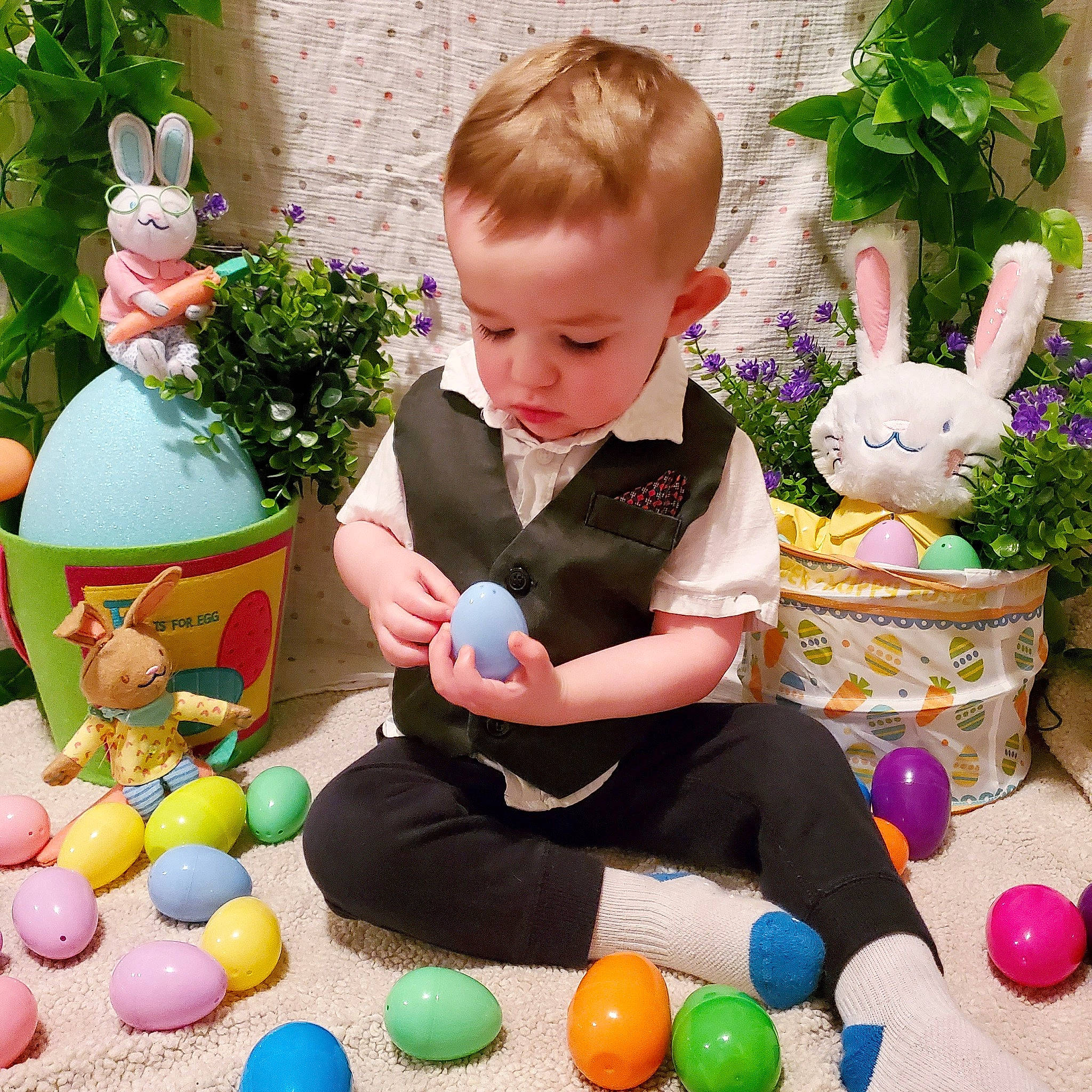 Ezekiel joined the competition — help win amazing prizes! baby, baby_toddler_clothing, beauty, child, easter, event, flowerpot, fun, grass, green, happy, mammal, party_supply, people, person, photograph, plant, play, snapshot, toddler