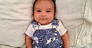 Jaxon joined the competition — help win amazing prizes! baby, bed, blanket, child, comfort, cute, face, feet, hands, indoors, infant, lying_down, overalls, pillow, portrait, relaxed, skin, smile, socks, white_tshirt