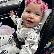 Isabella joined the competition — help win amazing prizes! baby, car_interior, car_seat, child, clothing, cute, floral_pattern, flower_headband, happy, indoors, infant, parking_lot, person, pink_flowers, portrait, seatbelt, smiling, white_outfit, window, young_child