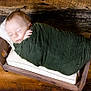 baby, calm, child, cozy, cushion, cute, face, indoors, infant, newborn, peaceful, portrait, resting, sleeping, small_bed, swaddle, wood_floor, wood_wall, wooden_bed, wrapped
