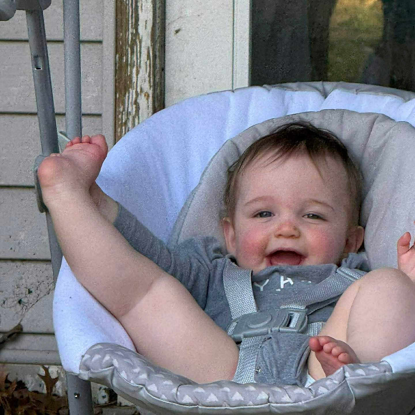 Hailey joined the competition — help win amazing prizes! baby, child, swing, smile, happy, outdoor, seat, legs, face, cushion, playful, clothing, rosy_cheeks, infant, person, relaxing, daylight, cheerful, casual, fun