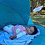 baby, toddler, towel, blue_tent, outdoor, grass, people, trees, sunlight, relaxing, park, child, clothing, pink, purple, smile, face, nature, summer, playful