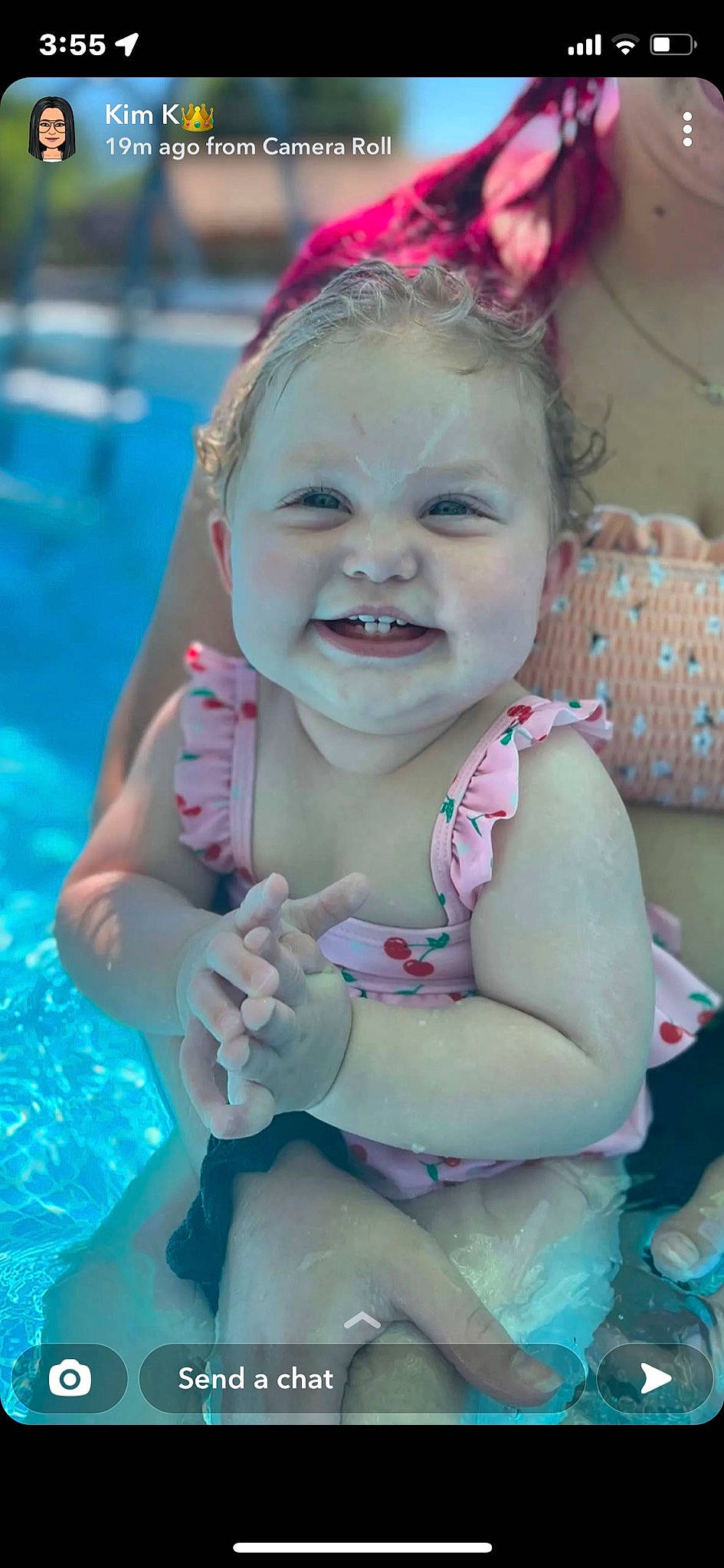Finley is registered to the contest to win money with this photo: baby, baby_toddler_clothing, beauty, child, facial_expression, fun, happy, joy, leisure, lip, person, photograph, pink, play, recreation, sitting, skin, smile, swimming_pool, toddler