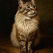 Wolfie is registered to the contest to win money with this photo: cat, fluffy, blue_eyes, portrait, feline, sitting, long_hair, striped, tabby, whiskers, ears, paws, indoor, brown, beige, fur, animal, pet, looking_up, calm