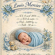 Adonis a rejoint le concours — aidez-le/la à gagner de superbes lots ! newborn, baby, sleeping, blue_blanket, birth_announcement, vintage_style, floral_decorations, teddy_bear, bunny_plush, baby_shoes, angel_illustration, french_text, peaceful, portrait, cute, swaddled, soft_background, illustration, decor, announcement_card